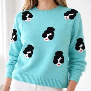 Alice + Olivia Gleeson Stace Face Boxy Sweater Turquoise Blue Wool Blend S